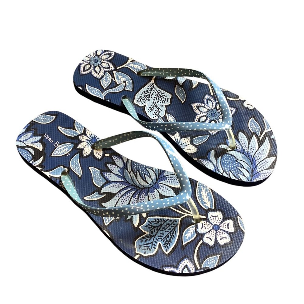 Vera Bradley Womens Blue Floral Flip Flops Polka Dot Straps Size 9-10 Sandals‎